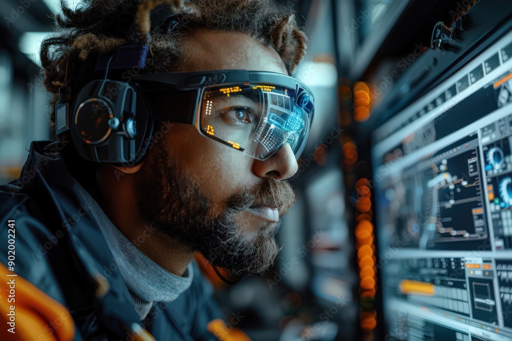 A person works intensely at a computer in a highly technological environment, portraying a scene of deep focus and digital operations amidst advanced interfaces. A person works intensely at a computer in a highly technological environment, portraying a scene of deep focus and digital operations amidst advanced interfaces.