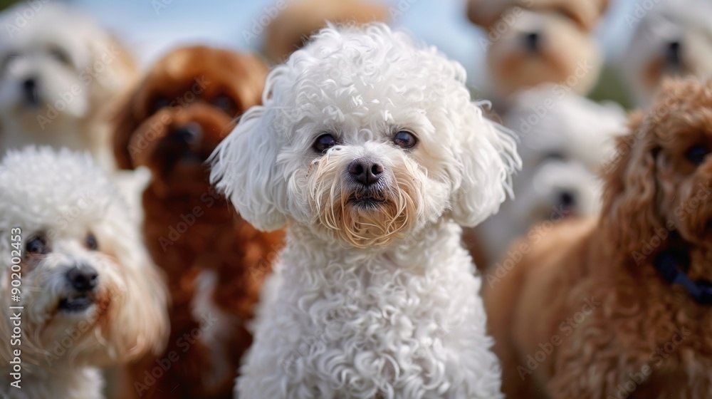 Bichon Frise with other dogs, wide shot. Bichon Frise with other dogs, wide shot.