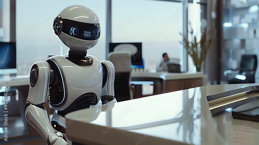 High Tech Personal Assistant Robot Aiding CEO with Schedule Management and Report Preparation in a Sophisticated Executive Office Setup High Tech Personal Assistant Robot Aiding CEO with Schedule Management and Report Preparation in a Sophisticated Executive Office Setup