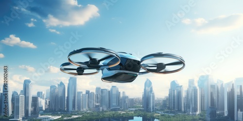 Fototapeta Naklejka Na Ścianę i Meble -  futuristic manned roto passenger drone flying in the sky over modern city for future air transportation and robotaxi concept
