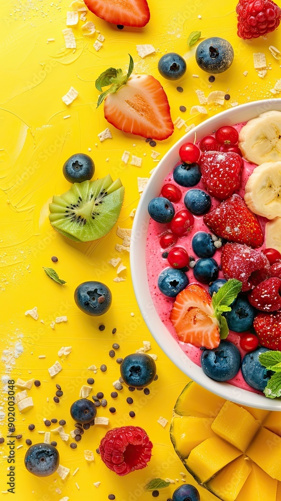 Vibrant Fruit Smoothie Bowl Topped With Fresh Berries and Tropical Fruits on Bright Yellow Background Vibrant Fruit Smoothie Bowl Topped With Fresh Berries and Tropical Fruits on Bright Yellow Background