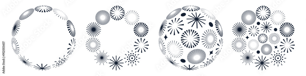 Set of creative fireworks explosion logo design vector, round fireworks black color design vector. Set of creative fireworks explosion logo design vector, round fireworks black color design vector.