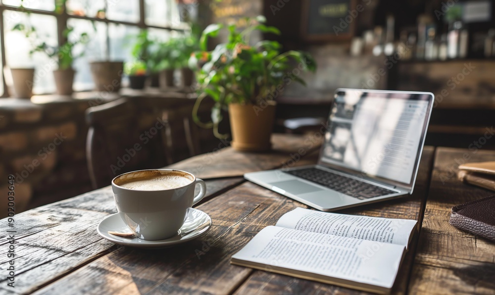 cozy workspace with a cup of coffee on a rustic wooden table, accompanied by an open book and a laptop. The background is filled with potted plants on a window ledge, creating a serene productive . cozy workspace with a cup of coffee on a rustic wooden table, accompanied by an open book and a laptop. The background is filled with potted plants on a window ledge, creating a serene productive .