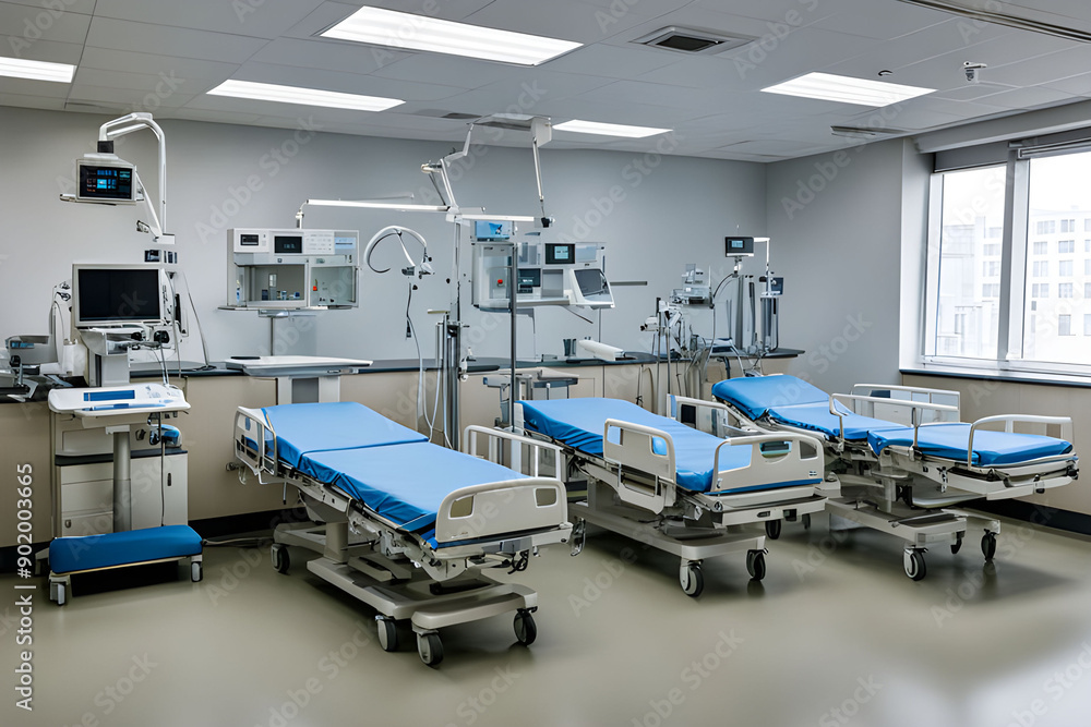 Modern Hospital Operating Room With Examination Tables and Medical Equipment Modern Hospital Operating Room With Examination Tables and Medical Equipment