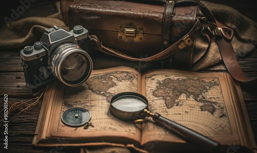 A vintage camera alongside a magnifying glass, compass, and an old world map, evoking a sense of exploration and adventure. photo