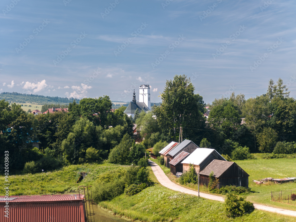 Summer skyline cityscape of Frydman village at Czorsztyn lake (Jezioro Czorsztyńskie) in Lesser Poland (Małopolska), Poland.