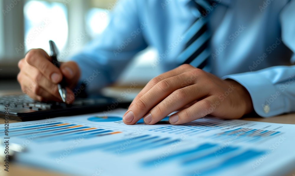 A close-up of a person wearing a blue shirt and striped tie, using a calculator while analyzing a bar chart on a desk. A close-up of a person wearing a blue shirt and striped tie, using a calculator while analyzing a bar chart on a desk.