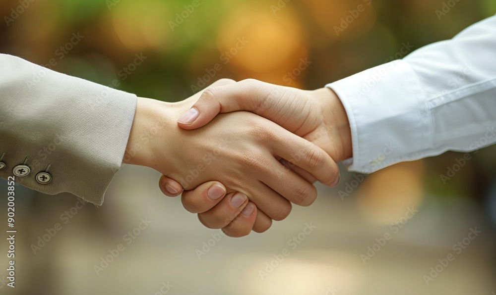 Two people shaking hands, signifying a business agreement or greeting, captured with a blurred background and warm light. Two people shaking hands, signifying a business agreement or greeting, captured with a blurred background and warm light.