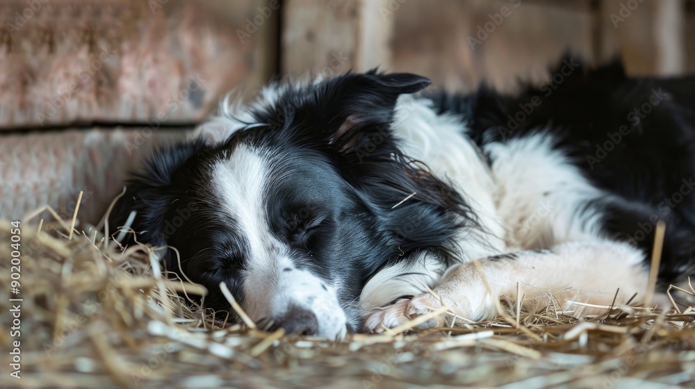 Fototapeta premium Border Collie sleeping in a barn