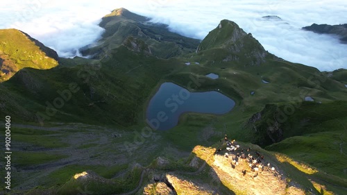 Aerial view of Lake Montagnon in the Pyrénées-Atlantiques, France. Heart-shaped mountain lake at sunrise.