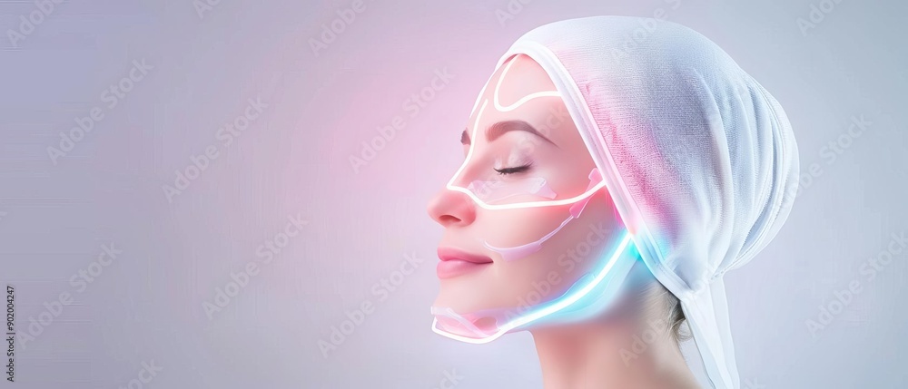 Woman using an LED light therapy mask, Beauty routine, Advanced skincare technology Woman using an LED light therapy mask, Beauty routine, Advanced skincare technology