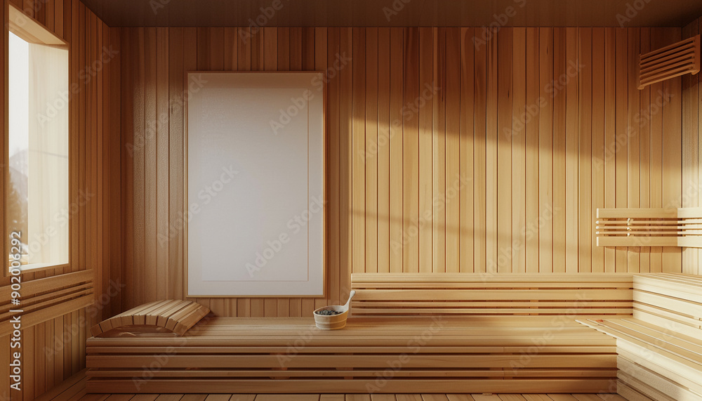 Modern sauna room sleek wood paneling with empty frame Modern sauna room sleek wood paneling with empty frame