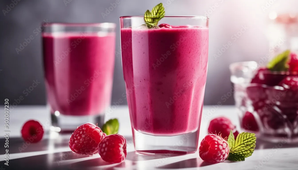 Raspberry smoothie in a glass on white background. Raspberry smoothie in a glass on white background.