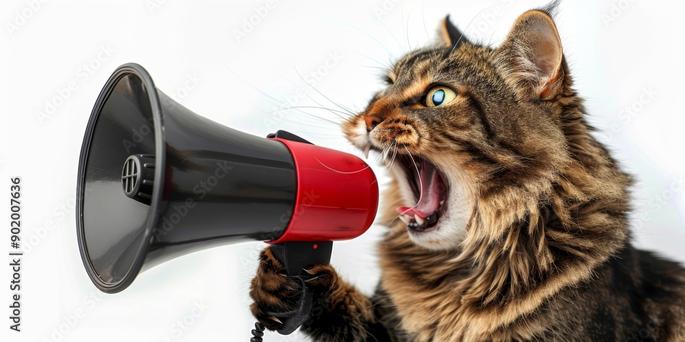 Fototapeta premium Cat Shouting Through Red Megaphone - Humorous Animal Communication Concept.
