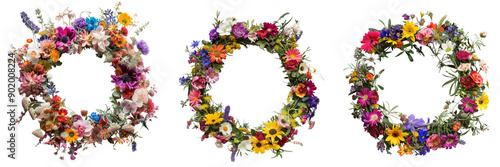 set of stunning floral wreath with diverse, colorful flowers, neatly arranged isolated on transparent background
