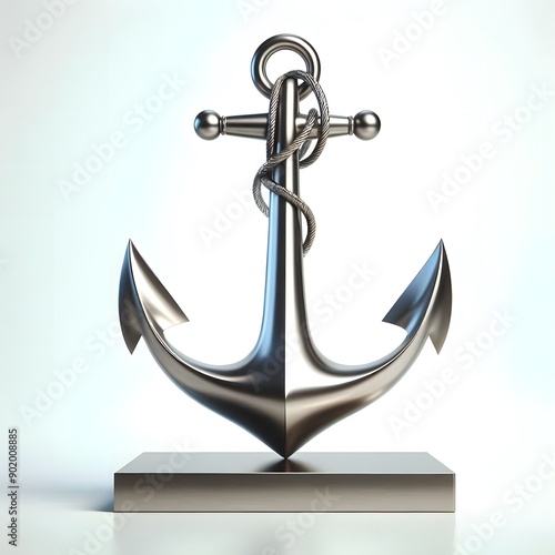 Decorative anchor with nautical motifs against a plain white background, with the ocean softly blending in. photo