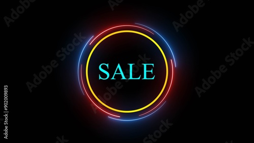 Technology background with glowing neon circle and the word sale on black background.