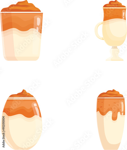 Vector set featuring four styles of whipped dalgona coffee in various glasses