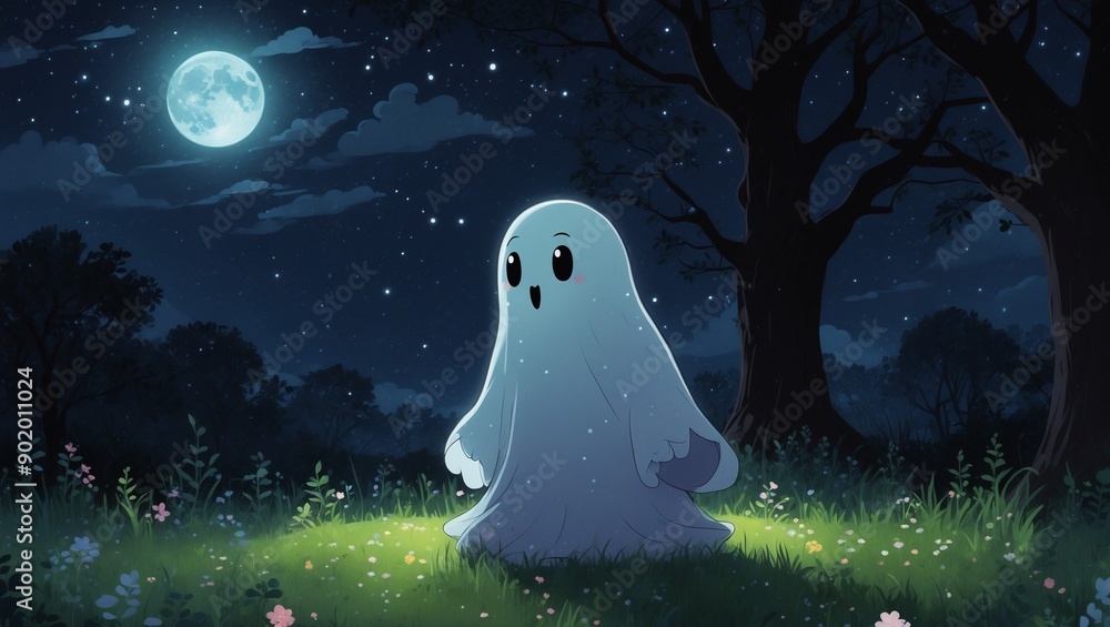 A Charming and Enigmatic Nighttime Ghost in a Mystical and Enchanted Forest Setting A Charming and Enigmatic Nighttime Ghost in a Mystical and Enchanted Forest Setting