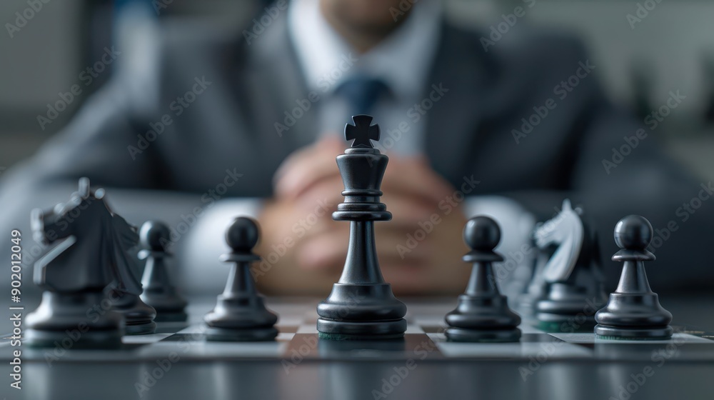 A businessman in a suit sits behind a chessboard, focusing on the black chess king and pieces, symbolizing strategic planning and decision-making. A businessman in a suit sits behind a chessboard, focusing on the black chess king and pieces, symbolizing strategic planning and decision-making.