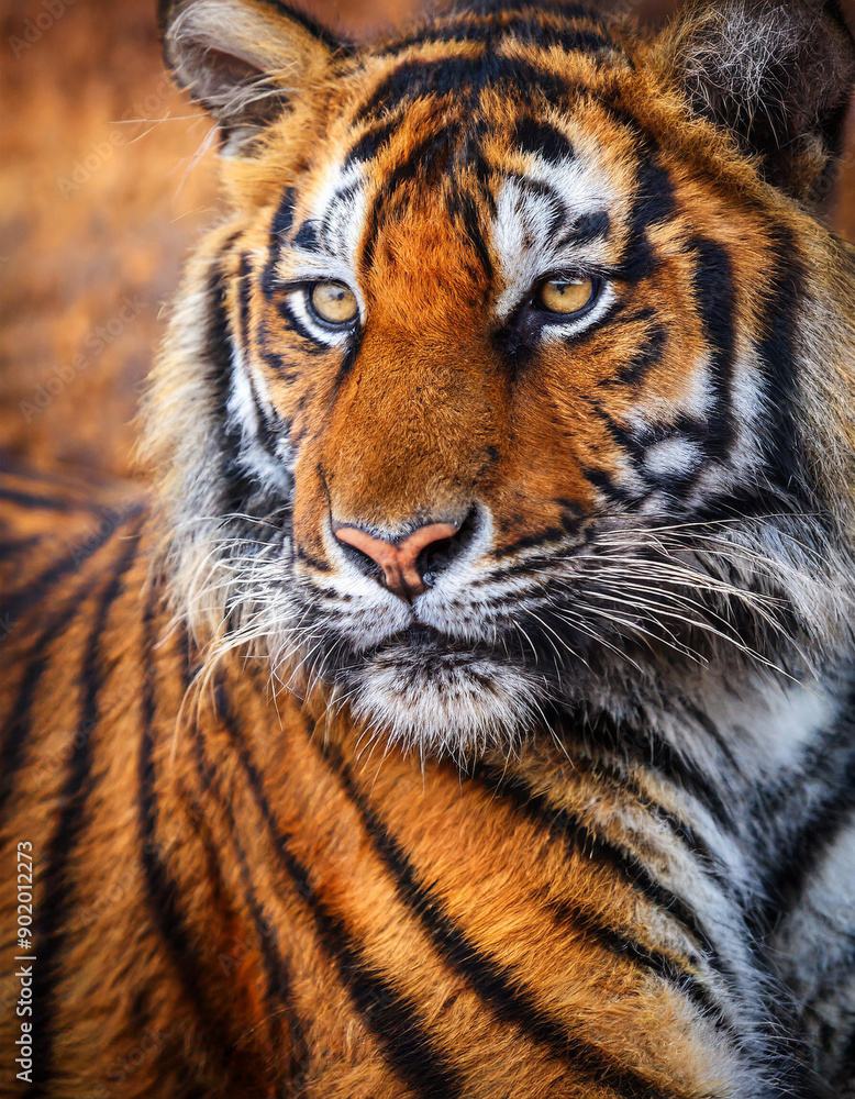 Fototapeta premium Close-Up of a Majestic Bengal Tiger Face Capturing Intense Gaze and Striking Stripes in Vibrant Detail. Vertical Banner Wallpaper