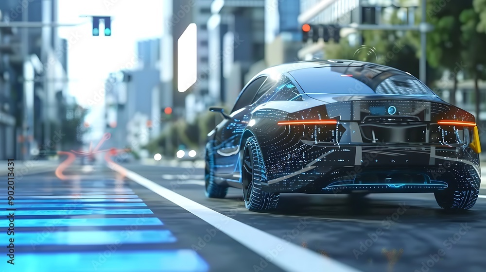 Fototapeta premium Self-driving robotic car navigating streets 