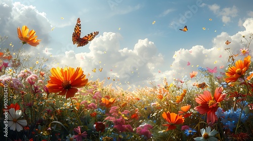 Vibrant spring meadow with wildflowers in full bloom butterflies flitting about and a sky filled with gentle clouds creating a serene and beautiful scene