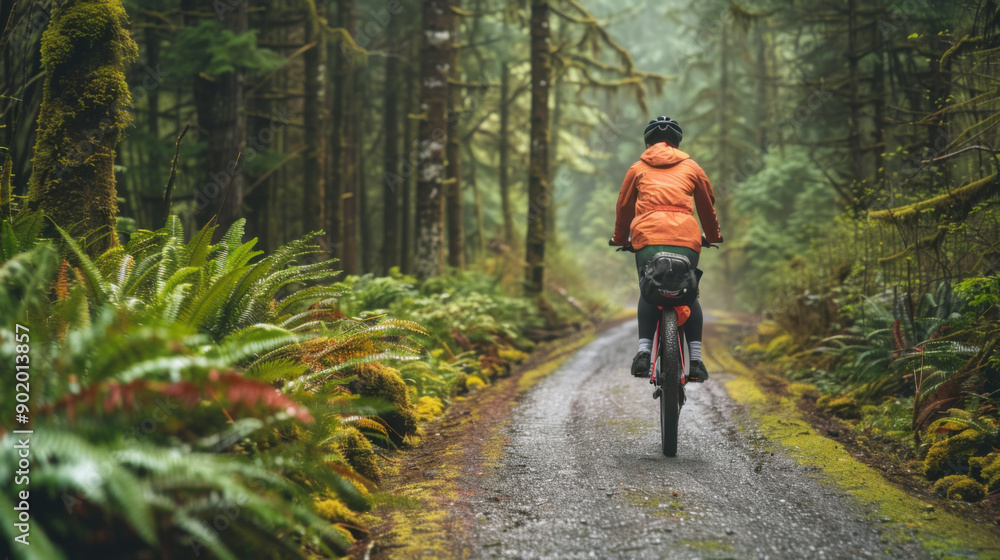 Fototapeta premium Cyclist in orange jacket riding a bicycle on a forest path surrounded by lush greenery and moss-covered trees.