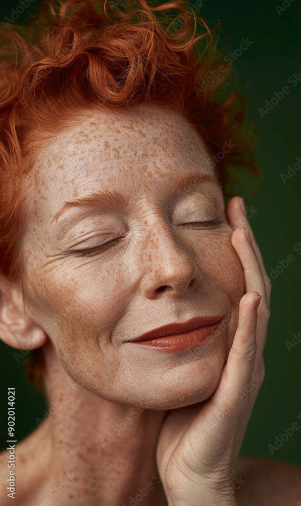 A serene woman with red hair and freckles smiles gently with her eyes closed A serene woman with red hair and freckles smiles gently with her eyes closed