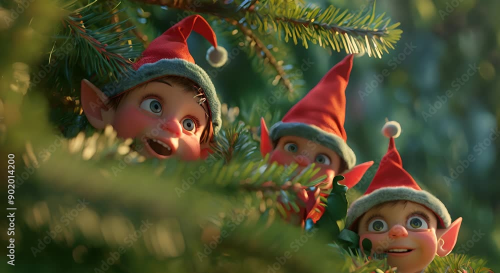 Three adorable magical elves wearing red hats are peeking through evergreen branches, looking excited and curious. Elf Season, Nisse Season  in Scandinavian tradition. 