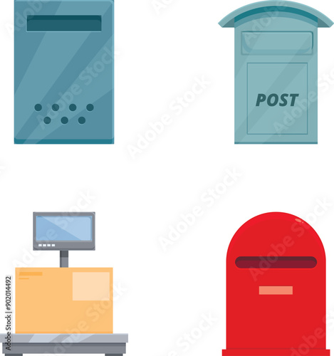 Collection of modern flat design icons representing various postal elements