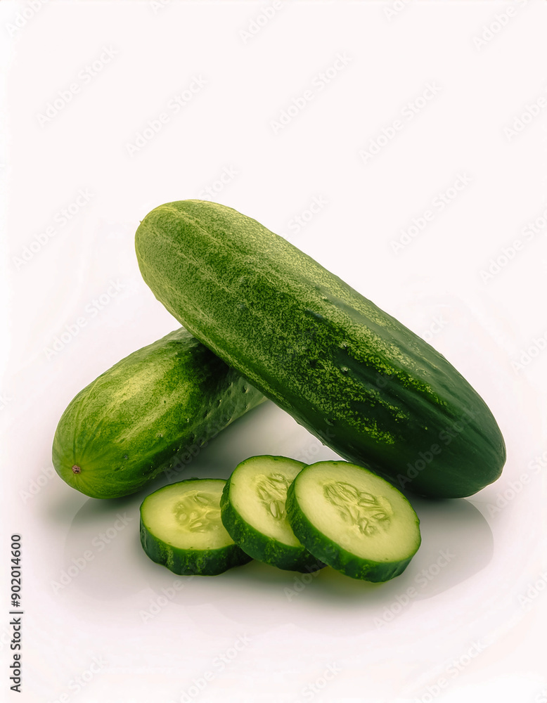 Whole and sliced cucumbers are still fresh and ready to be harvested isolated on white background. Whole and sliced cucumbers are still fresh and ready to be harvested isolated on white background.