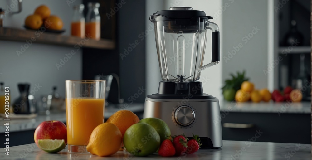 Variety of fresh fruits arranged with blender ready to make smoothies. A kitchen setting is seen highlighting fresh ingredients ideal for healthy living topics Variety of fresh fruits arranged with blender ready to make smoothies. A kitchen setting is seen highlighting fresh ingredients ideal for healthy living topics
