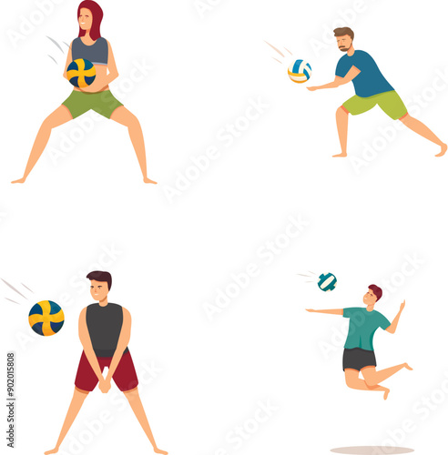 Vector illustrations of male and female volleyball players performing different maneuvers