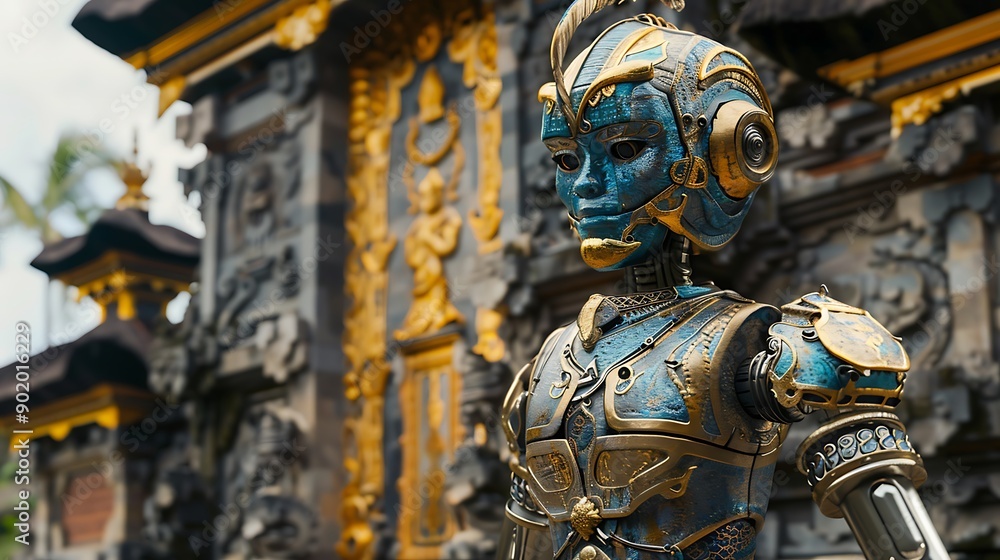 Robot in Balinese temple guard uniform with traditional clothing and keris poised in front of a historically significant temple gate adorned with detailed Balinese carvings Robot in Balinese temple guard uniform with traditional clothing and keris poised in front of a historically significant temple gate adorned with detailed Balinese carvings