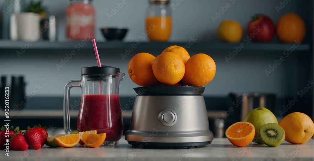 Variety of fresh fruits arranged with blender ready to make smoothies. A kitchen setting is seen highlighting fresh ingredients ideal for healthy living topics Variety of fresh fruits arranged with blender ready to make smoothies. A kitchen setting is seen highlighting fresh ingredients ideal for healthy living topics