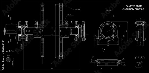 Assembly drawing of speed drive shaft. 
Vector cad scheme of part of steel mechanical device with dimension lines. Engineering background. Technical template.  Cross section.