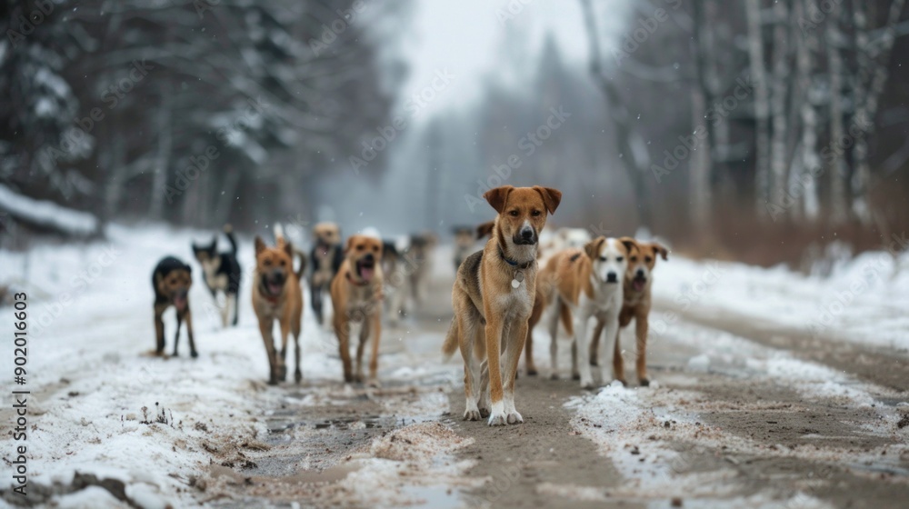 A group of dogs are running down a snowy road A group of dogs are running down a snowy road