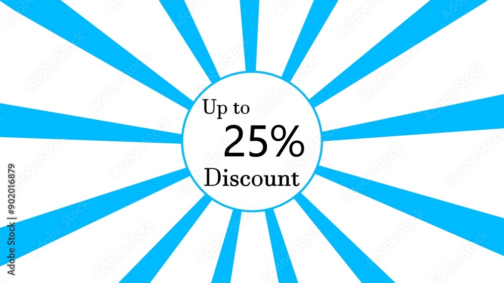 25% discount blue lines sunburst rotating on white background. 25% discount blue lines sunburst rotating on white background.