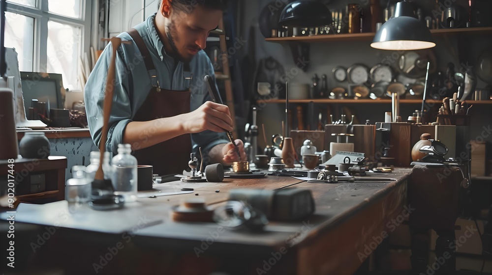 Jeweler polishing gold ring on old workbench Jeweler polishing gold ring on old workbench