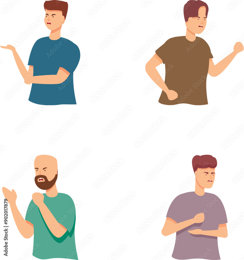 Vector illustration of four men expressing various feelings through body language and gestures Vector illustration of four men expressing various feelings through body language and gestures