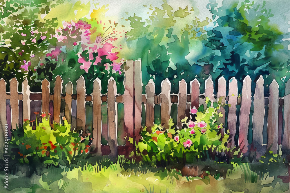 Obraz premium A painting of a garden with a wooden fence and flowers