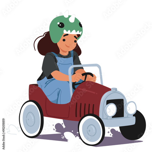 Girl In A Dinosaur Helmet Rides A Vintage Pedal Car. Little Kid Character Showcasing A Blend Of Old-fashioned Charm