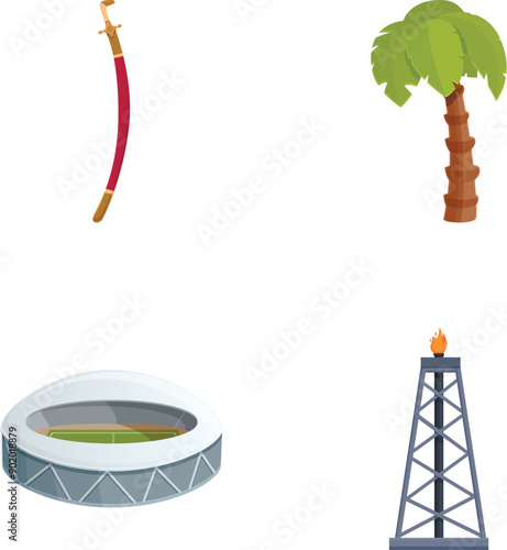 Set of four vector icons representing adventure, nature, sports, and industry