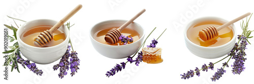 Set of white ceramic bowl filled with honey and lavender sprigs isolated on transparent background (3)