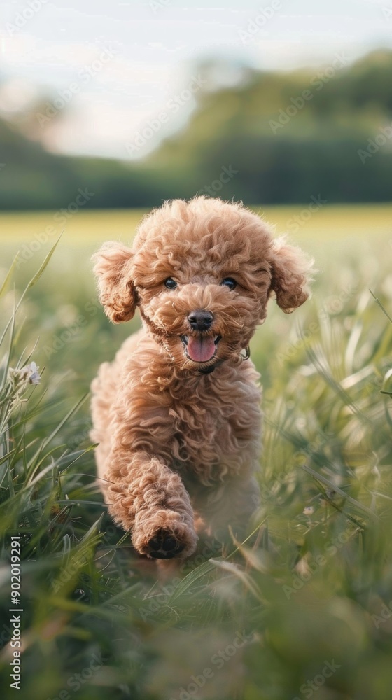 A cute little poodle is running through a field of grass A cute little poodle is running through a field of grass