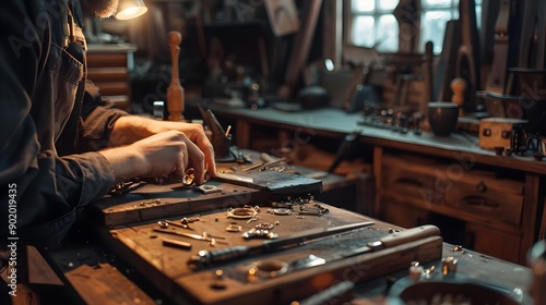 Jeweler polishing gold ring on old workbench