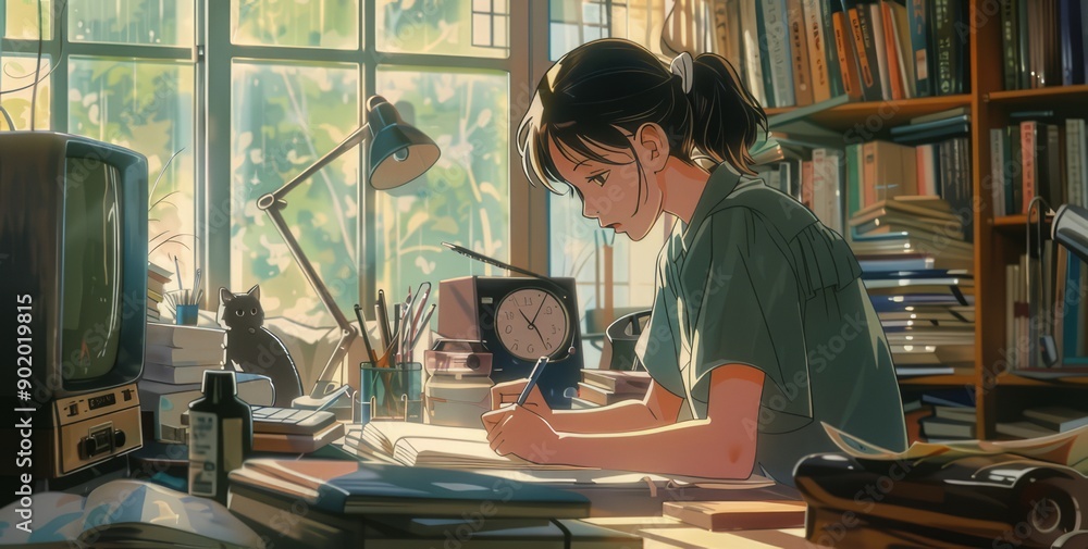 Studying in a quiet room, anime girl writing during the day. Anime background that gives a tranquil effect. Studying in a quiet room, anime girl writing during the day. Anime background that gives a tranquil effect.