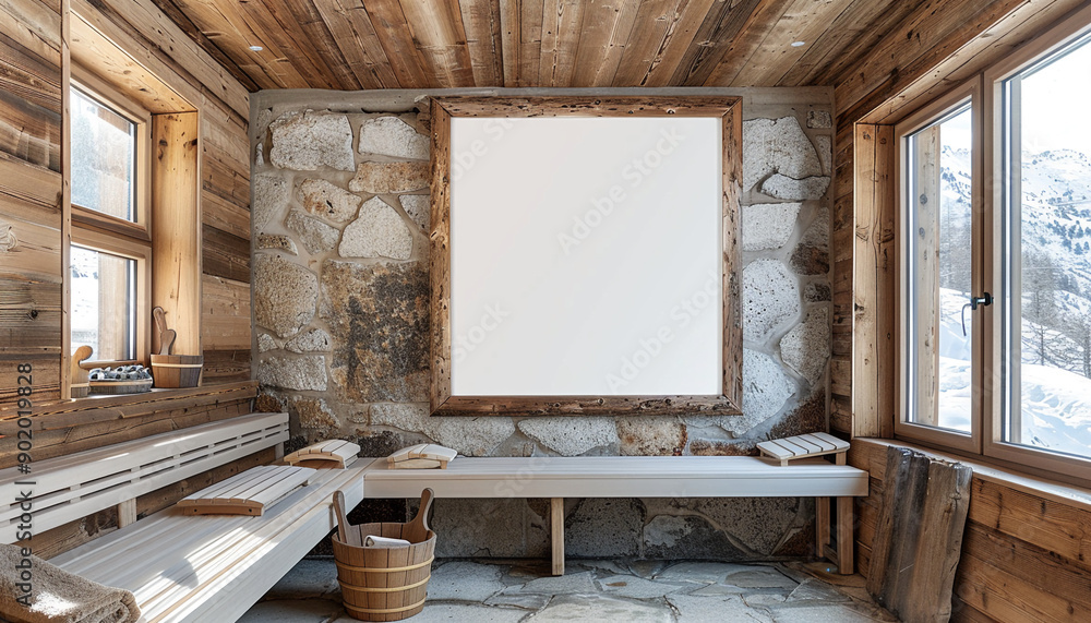 Rustic sauna natural stone accents with empty frame Rustic sauna natural stone accents with empty frame