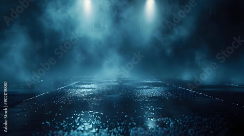 Dark street with wet asphalt reflections of rays